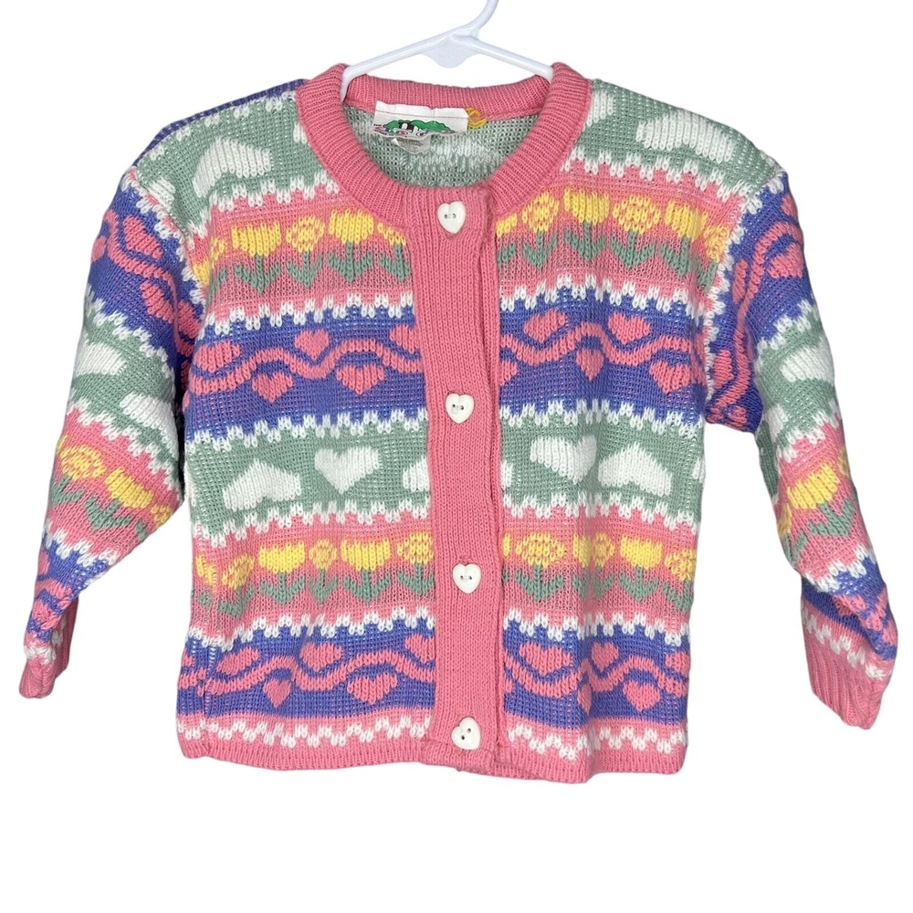 Vintage The Club House Girls Pink Heart Tulip Fair Isle Cardigan Sweater 24 Mos